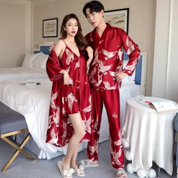晨袍女新娘結婚情侶睡衣夏季冰絲性感睡裙新婚禮喜慶紅色睡袍套裝