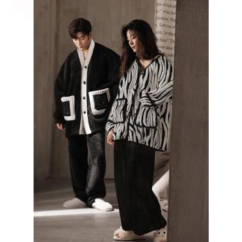 珊瑚絨情侶睡衣女加厚加絨冬季2023年新款簡約法蘭絨家居服兩件套