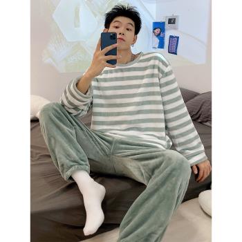 條紋睡衣男2023年新款冬季珊瑚絨大碼套裝男士秋冬款法蘭絨家居服
