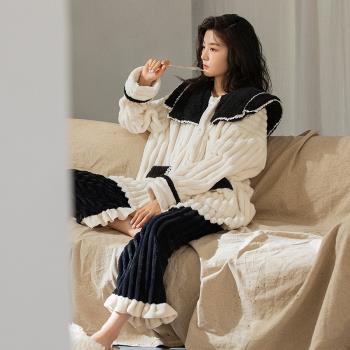 珊瑚絨女冬季撞色雙層大翻領睡衣