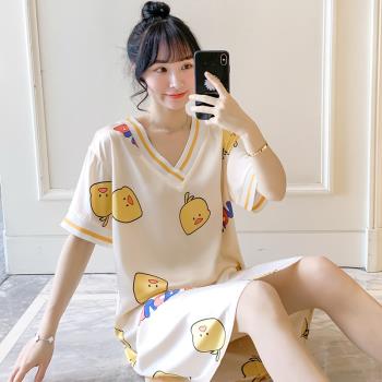 睡衣女夏季冰絲短袖睡裙薄款可愛卡通模擬絲綢連衣裙少女士家居服