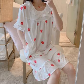 睡裙女夏季韓版清新寬松蕾絲薄款公主可愛純棉短袖孕婦中長款睡衣