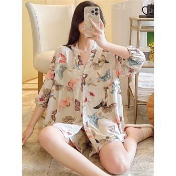 夏季女士睡衣棉綢短袖短褲開衫大碼韓版人造棉綿綢家居服套裝薄款