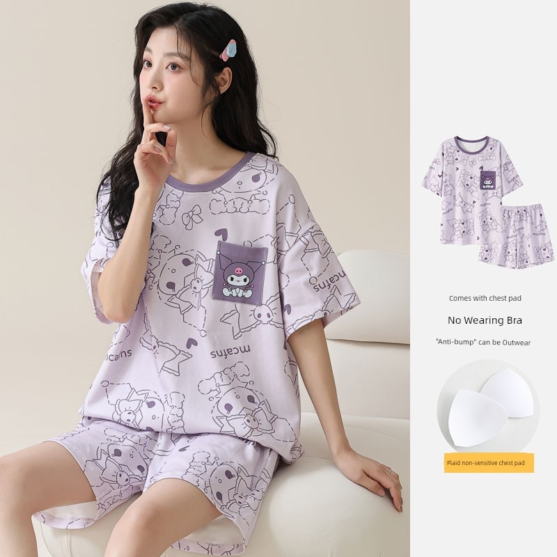 ゆう 浪莎帶胸墊睡衣女夏季短袖純棉甜美休閑套裝韓范家居服可外穿2024|睡衣