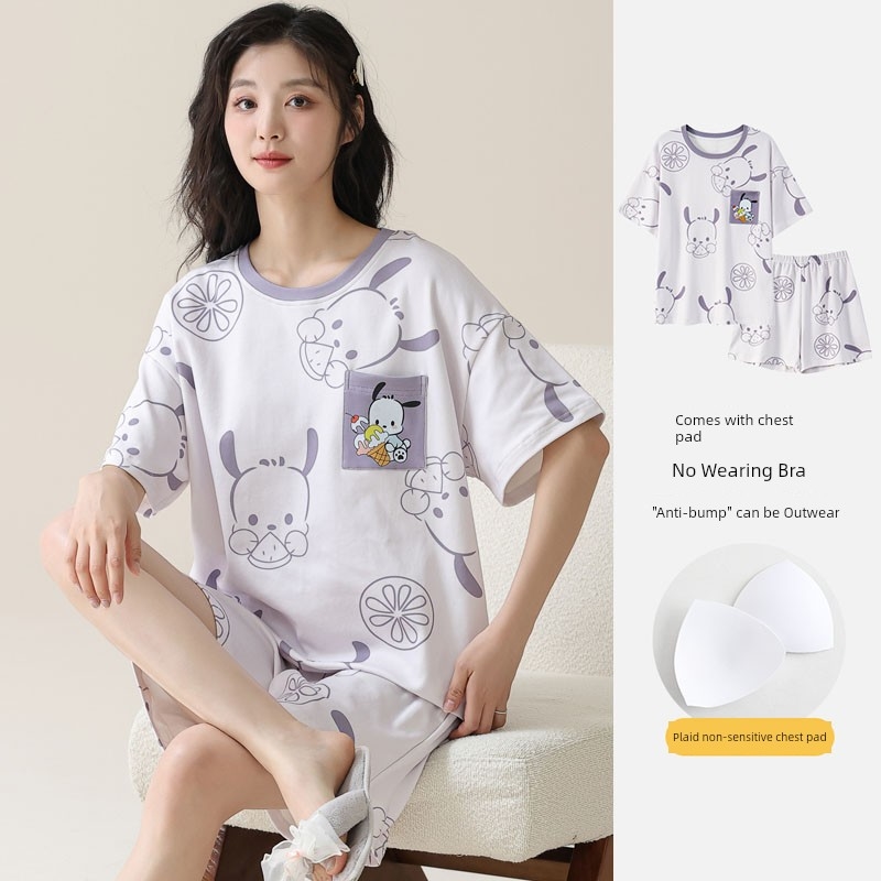 資料‼️ 浪莎帶胸墊睡衣女夏季短袖純棉甜美休閑套裝韓范家居服可外穿2024|睡衣