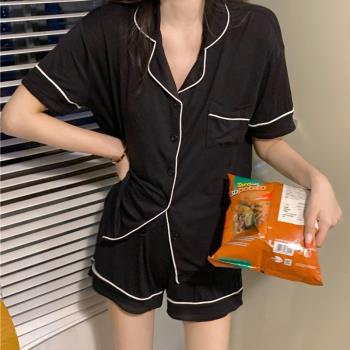 網紅風黑色睡衣女夏季學生可愛短袖純棉薄款夏天高階感家居服套裝