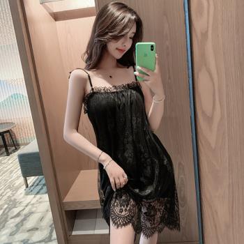 睡衣女夏季性感2025年新款蕾絲吊帶睡裙大碼絲綢春秋連衣黑色裙子