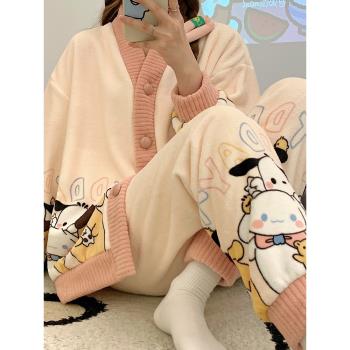 新款加厚保暖珊瑚絨睡衣女秋冬加肥加大碼卡通和服法蘭絨兩件套裝