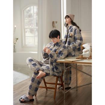 思莉太太情侶睡衣冬季女款加厚加絨三層夾棉超厚男士外套家居服
