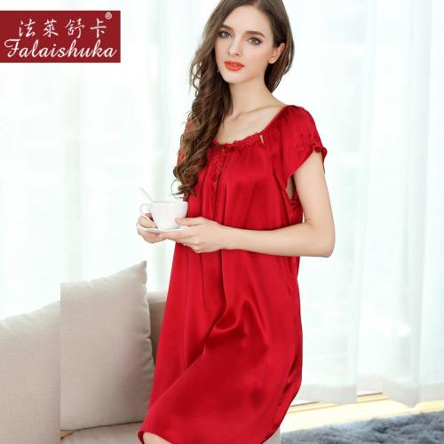 法萊舒卡真絲睡衣女夏季桑蠶絲薄款短袖裙大碼寬松休閑絲綢家居服