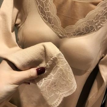女蕾絲V領發熱打底衫保暖內衣