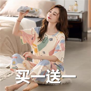 中老年睡衣女夏季純棉短袖七分褲媽媽款家居服中年加大碼夏天套裝