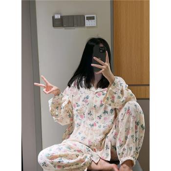 長袖睡衣女春秋雙層紗布棉可愛兔子印花家居服胖mm200斤孕婦套裝
