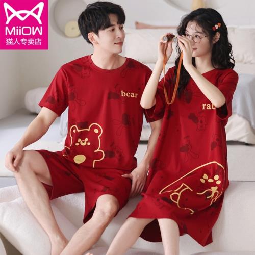 貓人本命年情侶睡衣夏季大碼純棉紅色睡裙男女家居服套裝2025新款
