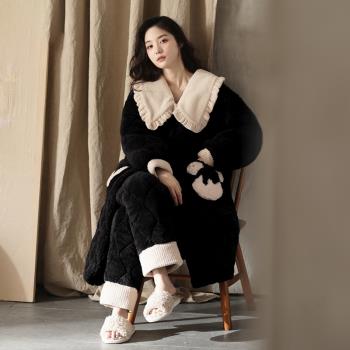 珊瑚絨睡衣女冬季三層夾棉超厚2024年新款加厚加絨大翻領家居服
