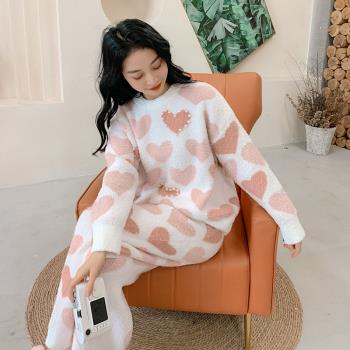 珊瑚絨睡衣女甜美愛心珍珠冬季2021年新款軟綿綿半邊絨圓領家居服