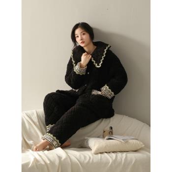 珊瑚絨三層加厚夾棉睡衣女2023年冬季新款字母印花超暖家居服套裝