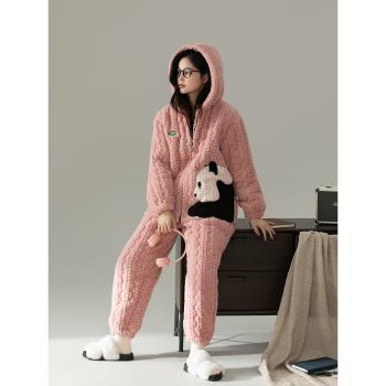 珊瑚絨睡衣女加厚三層夾棉連帽2023年冬季新款熊貓刺繡拉鏈家居服