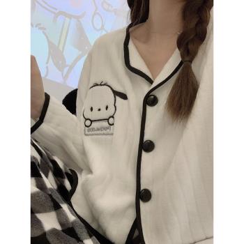ins格子睡衣女春秋冬季珊瑚絨加厚2024年新款帕恰狗可愛加絨套裝