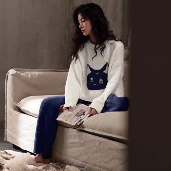珊瑚絨睡衣女冬季2021年新款卡通貓咪圓領家居服冬天加厚加絨套裝