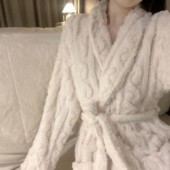 提花珊瑚絨睡袍女秋冬天季長款加絨法蘭絨高階感浴袍裙家居服睡衣