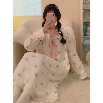 珊瑚絨睡裙女春秋冬季薄絨法蘭絨甜美蝴蝶結公主風睡衣冬天家居服