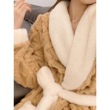 珊瑚絨睡袍女士秋冬季加厚吸水速幹法蘭絨系帶浴衣袍家居服睡衣裙