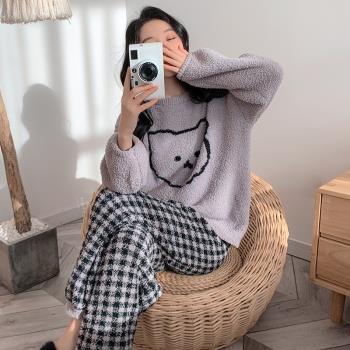 女可愛小熊套頭軟綿綿半邊絨睡衣