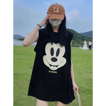 無袖背心女中長款T恤學生睡衣潮酷坎肩上衣設計感卡通睡裙家居服