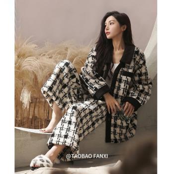 睡衣女款珊瑚絨秋冬季2025年新款復古格紋印花加厚加絨家居服套裝