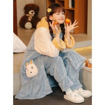 秋冬季新款加厚珊瑚絨睡衣女卡通中長款保暖法蘭絨睡袍家居服套裝