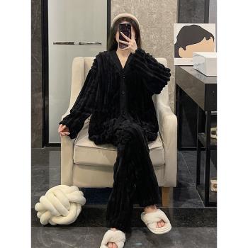 珊瑚絨睡衣女秋冬季男士可外穿長毛法蘭絨加厚大碼春秋家居服套裝