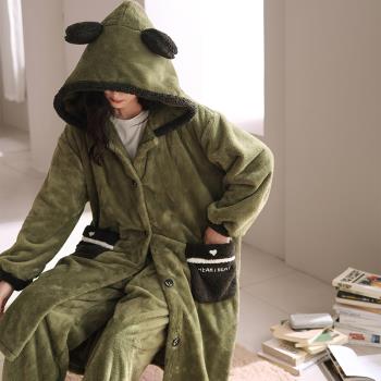珊瑚絨睡衣女摩卡綠睡袍加絨加厚2025年冬季新款可外穿家居服套裝