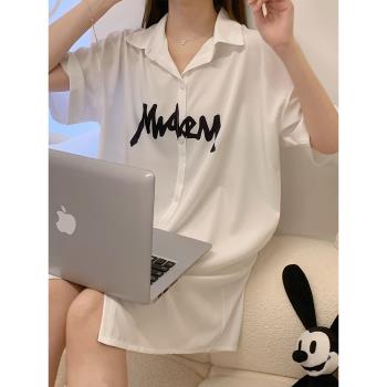 短袖睡裙女夏季薄款涼感冰絲襯衫性感睡衣2022年新款家居服可外穿