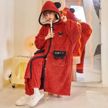 連帽女加厚法蘭絨大紅色套裝睡袍