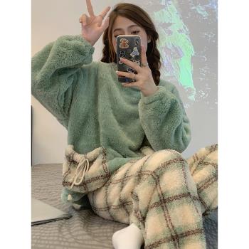 休閑簡約睡衣女珊瑚絨保暖秋冬季2022年新款純色法蘭絨家居服套裝