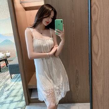 睡衣女士夏季薄款絲綢網紗吊帶睡裙2021年新款性感蕾絲小個子中裙