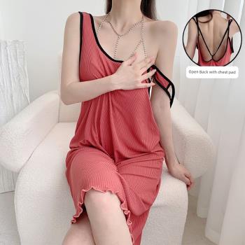 露背睡衣女夏季韓版吊帶純棉帶胸墊睡裙美背性感女裝連衣裙家居服