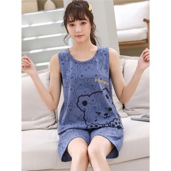 大碼睡衣女200斤夏純棉卡通寬松胖妹妹夏無袖背心短褲家居服套裝