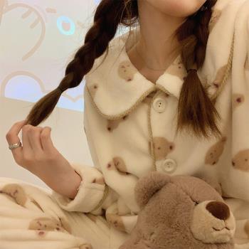 卡通睡衣女可愛珊瑚絨春秋冬季學生加厚保暖法蘭絨休閑套裝家居服