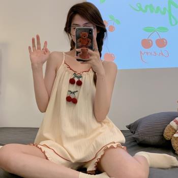 睡衣女夏季薄款純棉吊帶高階感套裝櫻桃可愛甜美性感家居服兩件套