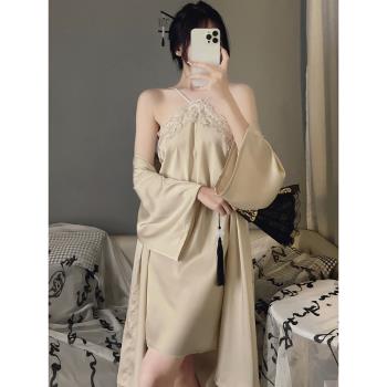 冰絲睡衣女性感吊帶睡裙夏薄款蕾絲純欲復古新中式國風家居服套裝