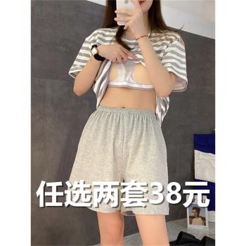 睡衣套裝短袖女士夏季自帶胸墊一體家居服純棉春秋大碼薄款可外穿