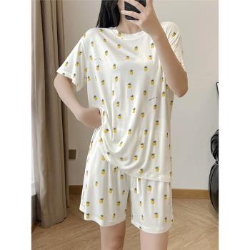 小菠蘿短袖短褲睡衣女生夏季莫代爾薄款休閑寬松可外穿家居服套裝