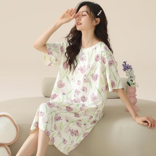 睡裙女夏季純棉短袖2024新款萊卡棉可愛甜妹連衣裙夏天薄款家居服
