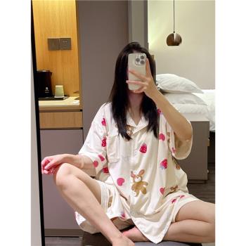 夏季女士短袖開衫睡衣薄款純棉甜美可愛家居服大碼胖mm200斤套裝