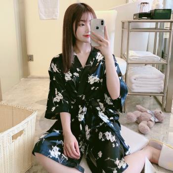睡衣女夏季薄款冰絲短袖睡裙睡袍日系和服性感浴袍大碼真絲家居服