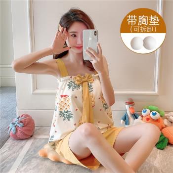 2025年新款帶胸墊睡衣女士夏季薄款套頭甜美少女可外穿家居服套裝
