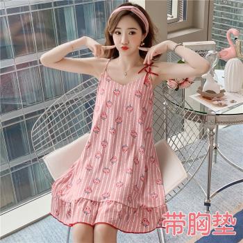 夏季睡衣女吊帶韓版性感睡裙純棉短袖寬松薄款清新學生家居服胸墊