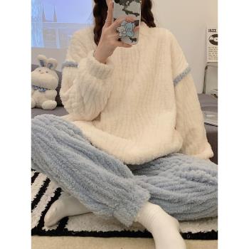 女加厚套裝秋冬天法蘭絨睡衣